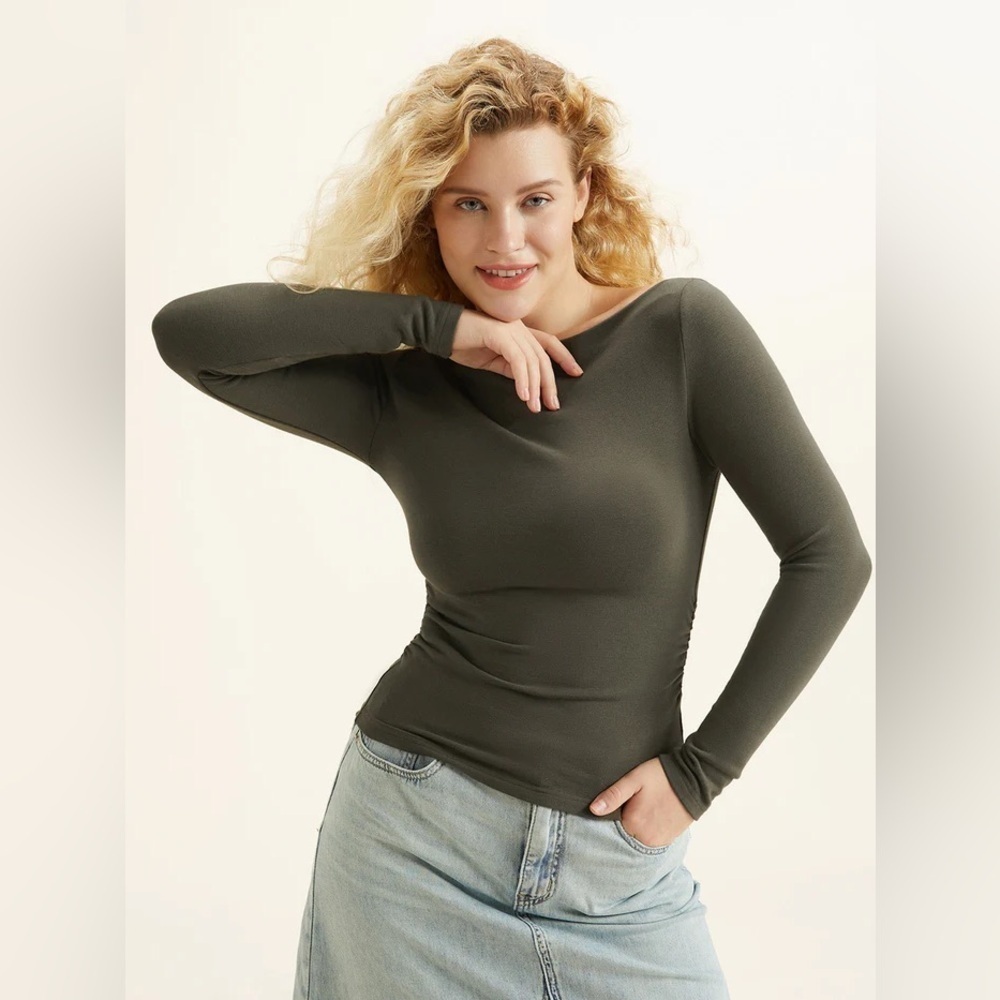 OGL Mid Thermal Modern Side Ruched Boatneck Brami Top - Forest Olive